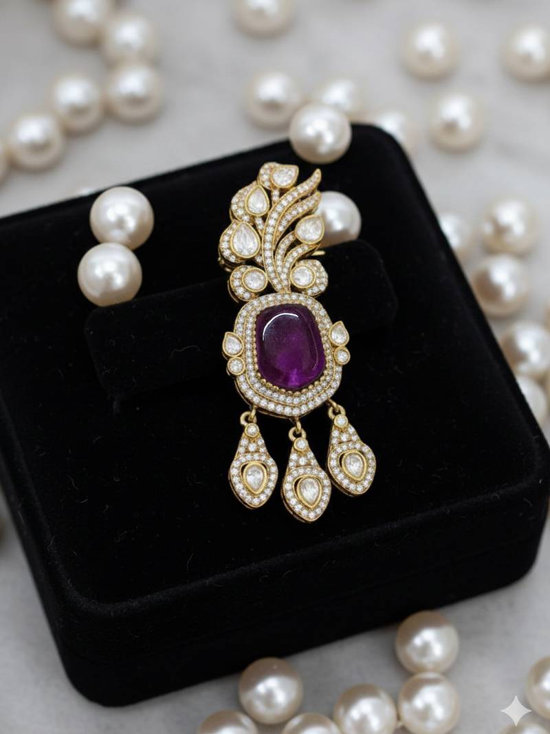 Unisex victorina moissanite polki brass drop pendant with purple doublets