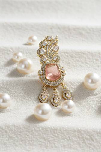 Unisex victorina moissanite polki brass pendant with peach gem doublets