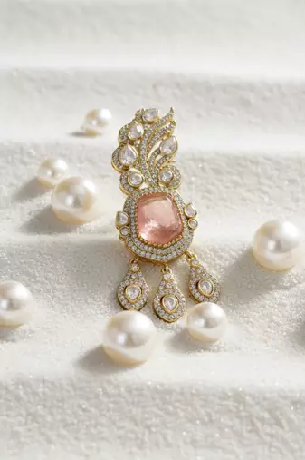 Unisex victorina moissanite polki brass pendant with peach gem doublets