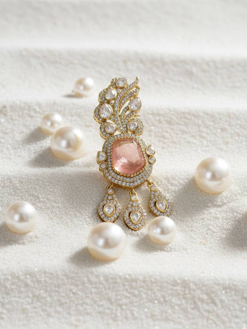 Unisex victorina moissanite polki brass pendant with peach gem doublets