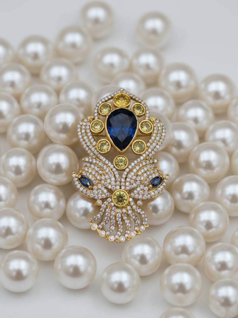 Unisex victorian polish blue doublet brooch with moissanite polki work