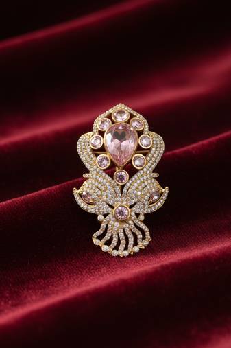 Unisex victorian polish pink doublet brooch with moissanite polki work