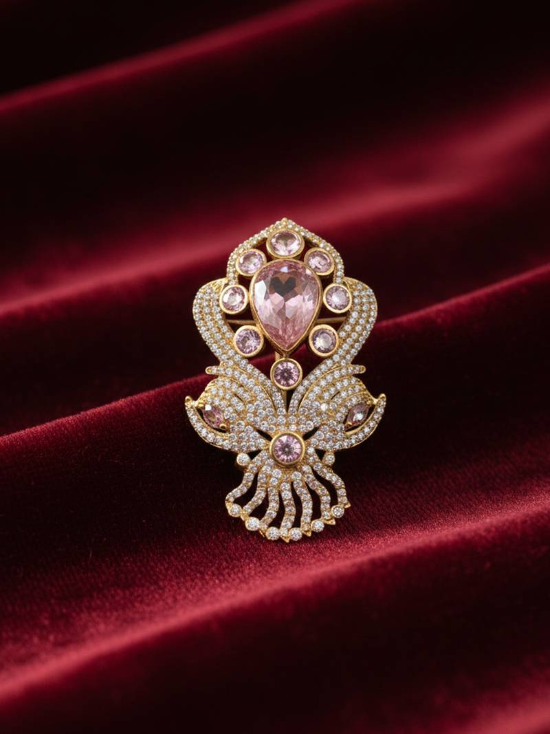 Unisex victorian polish pink doublet brooch with moissanite polki work