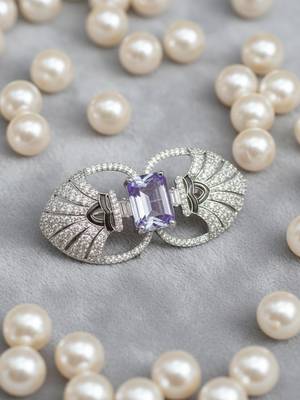 Unisex victorian silver polish brooch with lavender doublet and moissanite polki 1