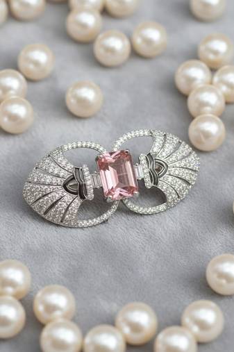 Unisex victorian silver polish brooch with pink doublet and moissanite polki