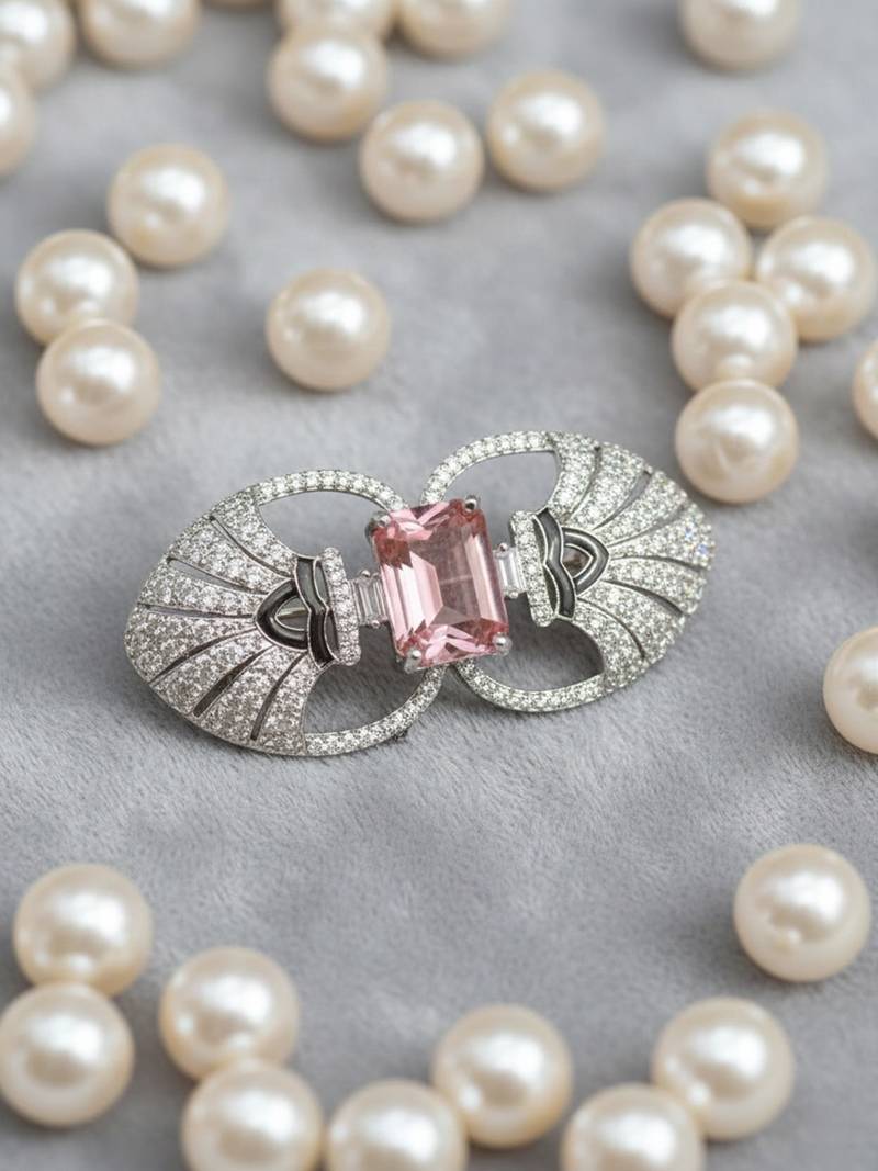 Unisex victorian silver polish brooch with pink doublet and moissanite polki