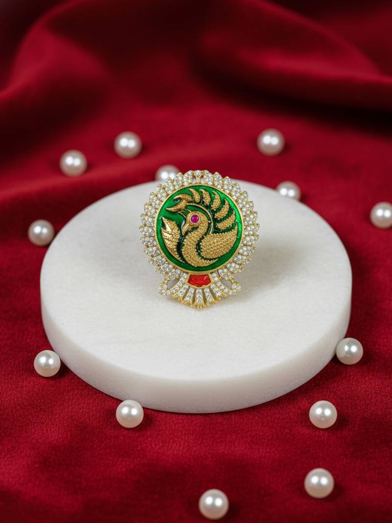 Unisex victorian polish peacock doublet ring with moissanite polki