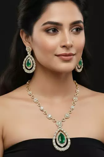 Victorian polish green doublet moissanite polki necklace set