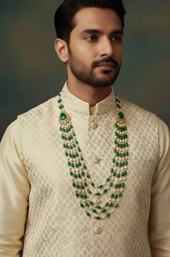 Unisex victorian polish green doublet moissanite polki groom necklace