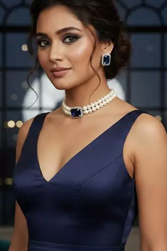 Victorian polish shell pearl choker with blue cz centerpiece