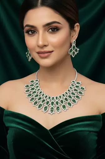 Silver polish bridal necklace set with green doublets & cz stones