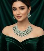 Silver polish bridal necklace set with green doublets & cz stones