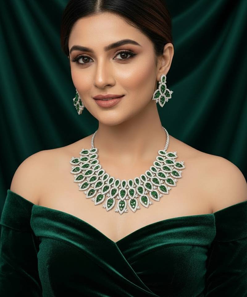 Silver polish bridal necklace set with green doublets & cz stones