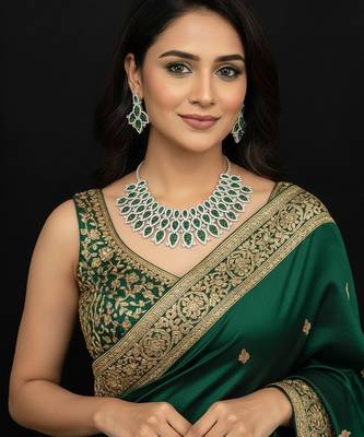 Silver polish bridal necklace set with green doublets & cz stones 2