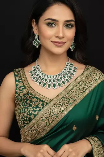 Silver polish bridal necklace set with green doublets & cz stones