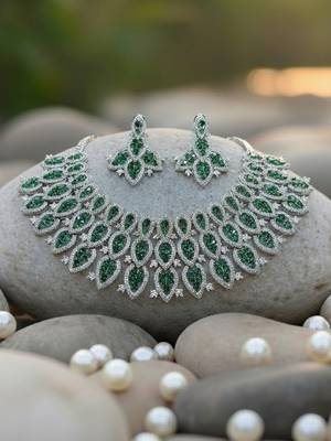 Silver polish bridal necklace set with green doublets & cz stones 4