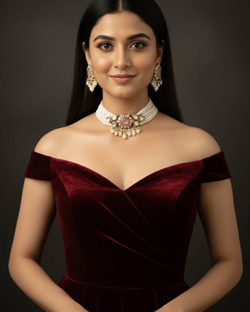 Victorian polish pearl choker set with pink doublets, moissanite polki & cz