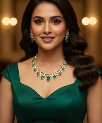 Emerald green victorian polki necklace set with cz detailing 2