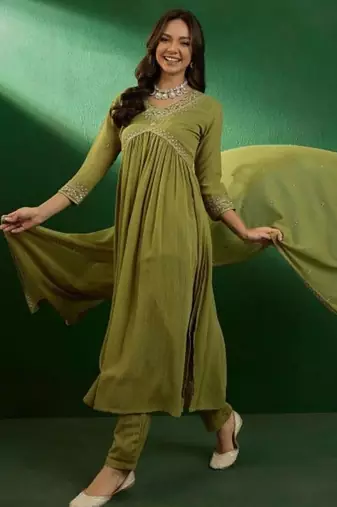 Women ethnic motifs empire thread work kurta with trousers & with dupatta