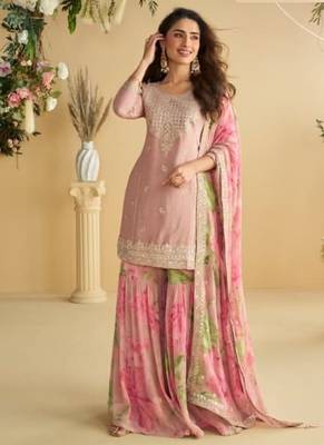 baby pink chinon silk gharara suit-Full Stitched Free size 1
