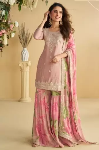 Baby pink chinon silk Gharara Suit - Full stitched free size