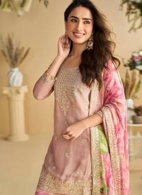 baby pink chinon silk gharara suit-Full Stitched Free size 2