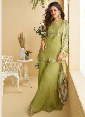 leaf green chinon silk gharara suit-Full Stitched Free size 1