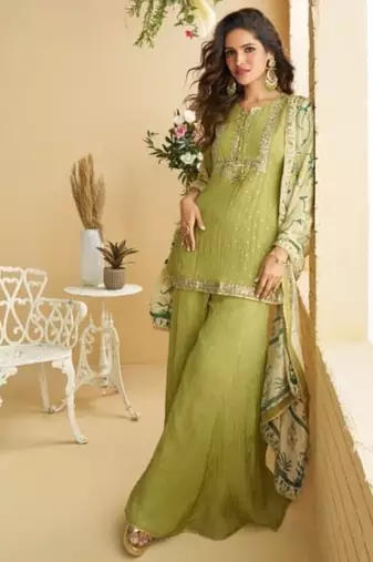 Leaf green chinon silk Gharara Suit - Full stitched free size