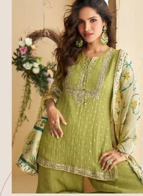 leaf green chinon silk gharara suit-Full Stitched Free size 2