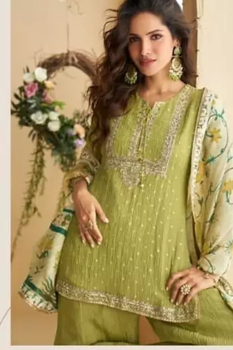 leaf green chinon silk gharara suit-Full Stitched Free size