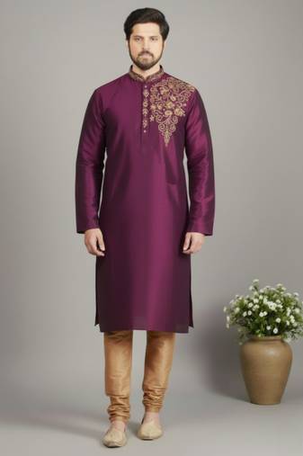 Magenta dupion embroidery kurta-pajama