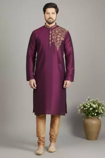 Magenta dupion embroidery kurta-pajama