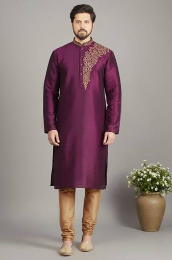 Magenta dupion embroidery kurta-pajama