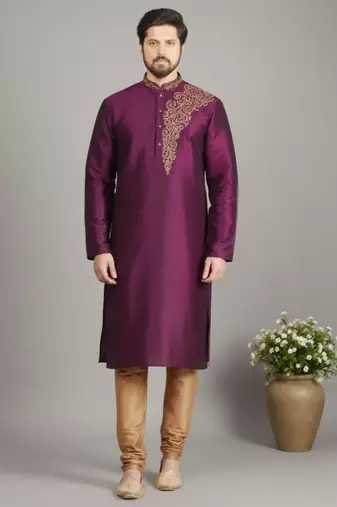 Magenta dupion embroidery kurta-pajama