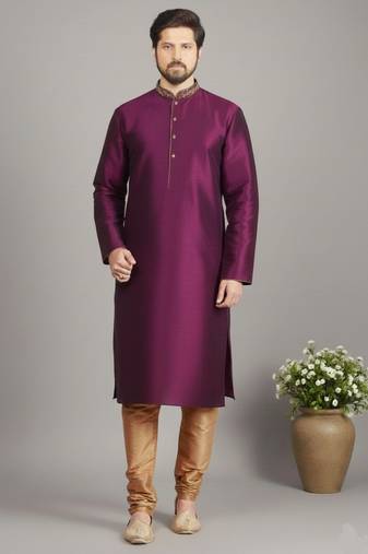 Magenta dupion embroidery kurta-pajama