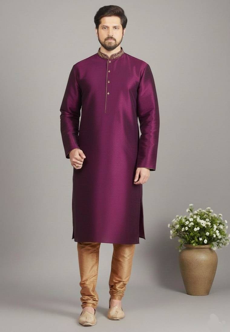 Magenta dupion embroidery kurta-pajama