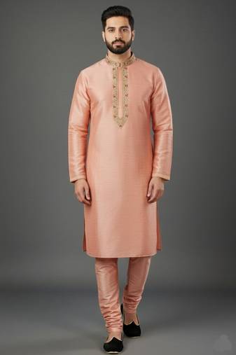 Peach dupion embroidery kurta-pajama