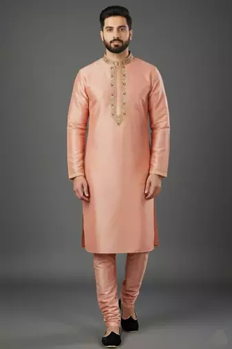 Peach dupion embroidery kurta-pajama