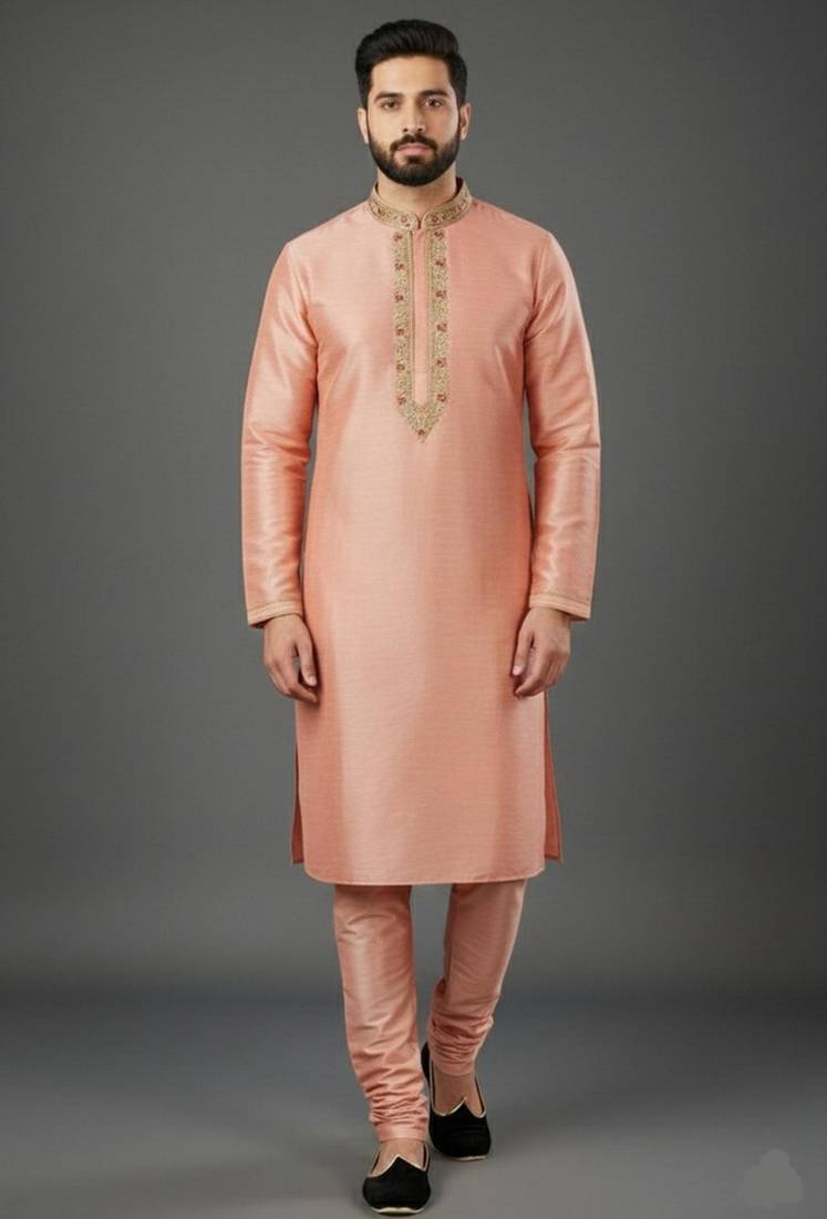 Peach dupion embroidery kurta-pajama