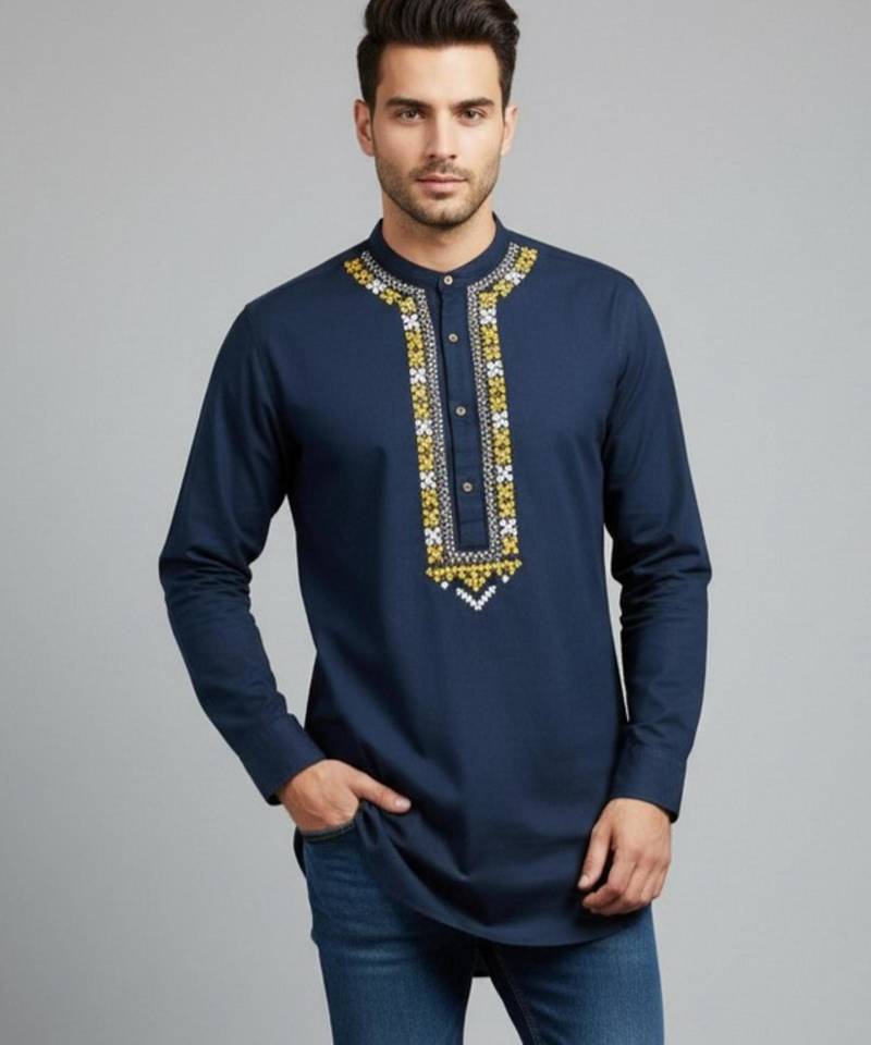 Navy cotton embroidery kurta-pajama