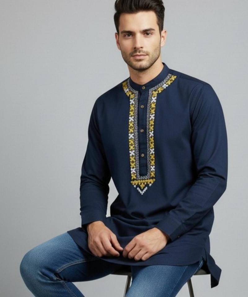 Navy cotton embroidery kurta-pajama