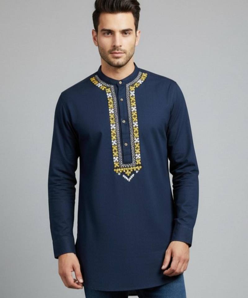 Navy cotton embroidery kurta-pajama