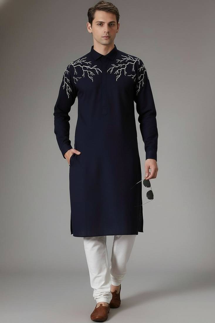 Navy cotton embroidery kurta-pajama