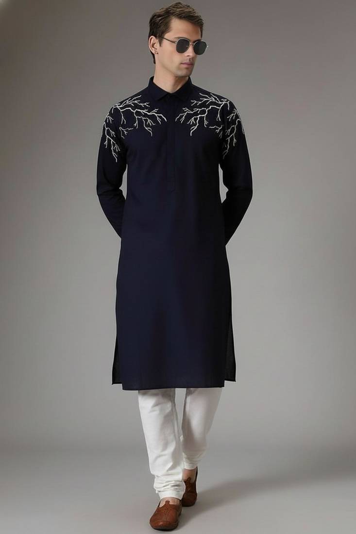 Navy cotton embroidery kurta-pajama