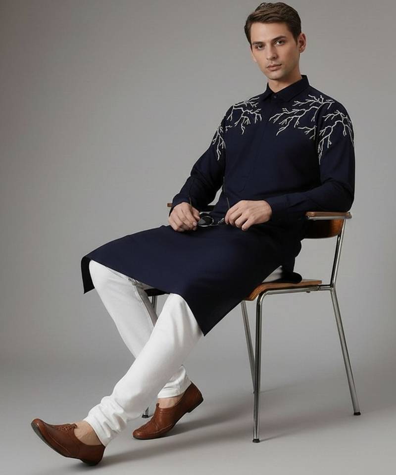 Navy cotton embroidery kurta-pajama