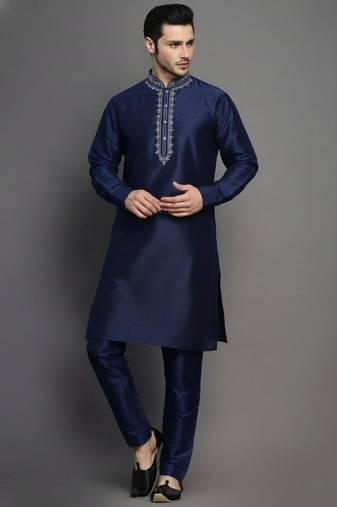 Navy dupion embroidery kurta-pajama