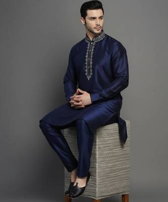 Navy dupion embroidery kurta-pajama 3