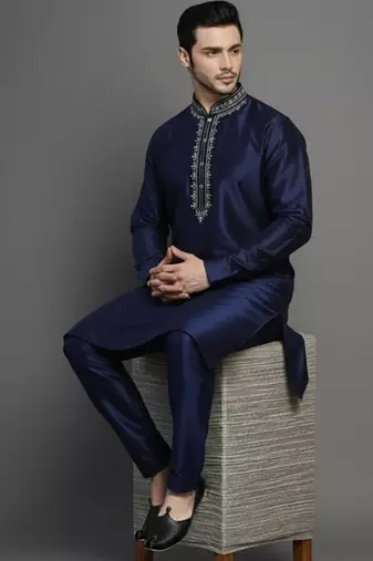 Navy dupion embroidery kurta-pajama