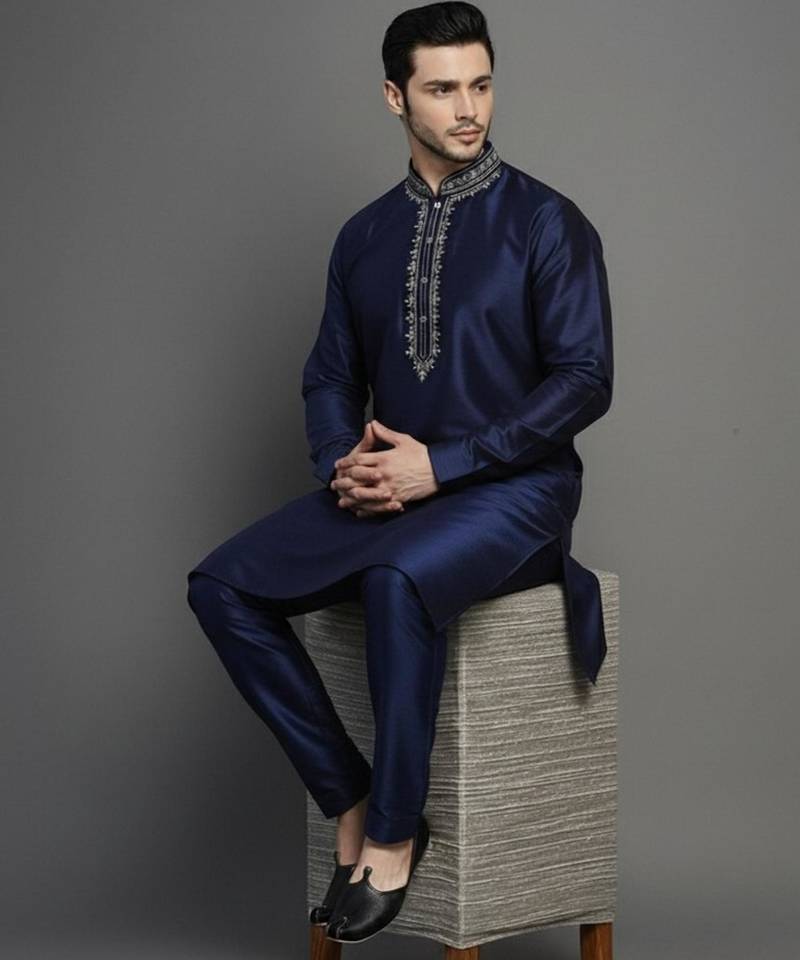 Navy dupion embroidery kurta-pajama