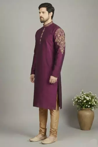 Magenta dupion embroidery kurta-pajama